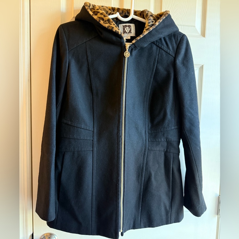 Anne Klein Women’s Black Coat with Leopard Accent Hood